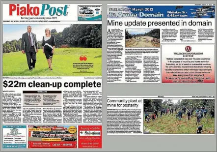  ??  ?? Newspaper clippings showing the remidiatio­n work of the old Tui Mine at Mt Te Aroha.