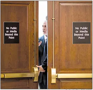  ?? The New York Times/ZACH GIBSON ?? Rep. Trey Gowdy (left), R-S.C., chairman of the House Oversight Committee, talks with Rep. Mark Meadows, R-N.C., after a review of the inspector general’s report Thursday.