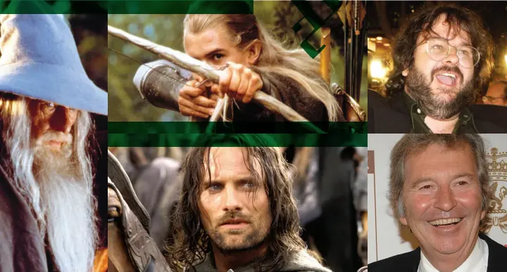  ??  ?? ONE RING TO RULE THEM ALL Clockwise from left: the hobbits, played by Dominic Monaghan, Elijah Wood, Billy Boyd and Sean Astin; Ian Mckellen as Gandalf; Orlando Bloom as Legolas; director Peter Jackson; New Line’s Bob Shaye; Viggo Mortensen as Aragorn.