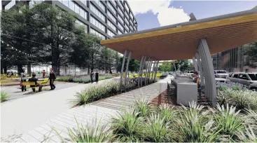  ?? Lincoln Property Co. renderings ?? Among the features to be added in the space between the Galleria I and Galleria II office buildings are shade trees, water elements, shade pavilions, and gathering places for tenants and customers to dine and socialize.