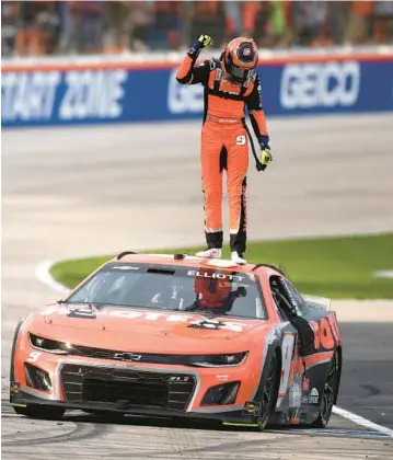  ?? JARED C. TILTON/GETTY ?? Chase Elliott celebrates after winning the AutoTrader EchoPark Automotive 400 on April 14 at Texas Motor Speedway in Fort Worth, Texas.