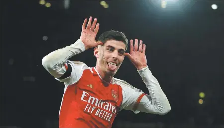  ?? REUTERS ?? Arsenal’s German midfielder Kai Havertz celebrates after scoring the team’s third goal during an English Premier League match against Chelsea at the Emirates Stadium in London on Tuesday.