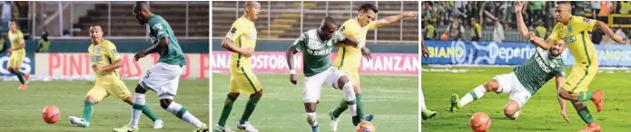  ?? FOTOS COLPRENSA ?? Noche aciaga para el creativo Macnelly Torres, quien no fue el hombre sobre quien gira andamiaje verde. Diego Arias tampoco estuvo en su mejor noche. Aquí Kevin Balanta lo supera. Andrés Pérez (Cali) puso ganas y fuerza. Y Andrés Ibargüen intentó...