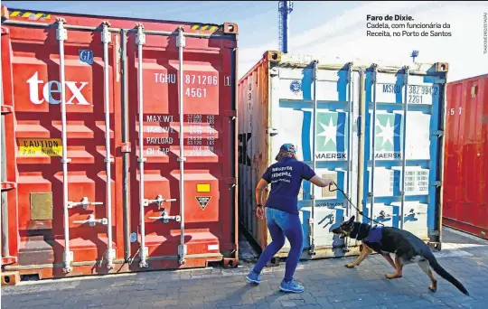  ??  ?? Faro de Dixie.
Cadela, com funcionári­a da Receita, no Porto de Santos