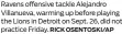  ?? RICK OSENTOSKI/AP ?? Ravens offensive tackle Alejandro Villanueva, warming up before playing the Lions in Detroit on Sept. 26, did not practice Friday.