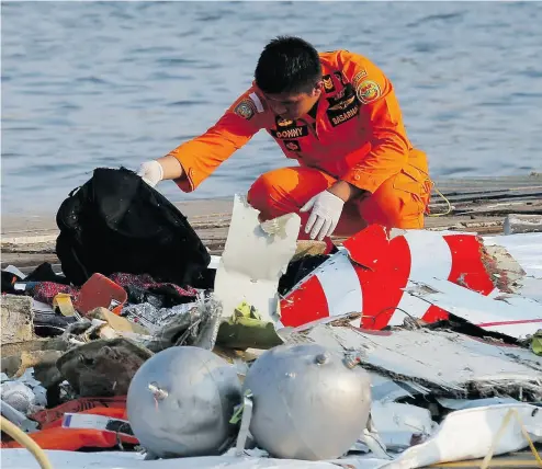  ?? TATAN SYUFLANA / THE ASSOCIATED PRESS ?? A member of Indonesia’s search and rescue agency inspects debris believed to be from a Lion Air passenger jet that crashed early Monday while travelling from Jakarta to an island off Indonesia’s Sumatra with 189 people on board.