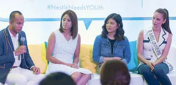  ??  ?? I got youth: NesTalk speakers Francis Sollano, Gretchen Ho, Janina Vela, and Miss Universe Philippine­s Catriona Gray.