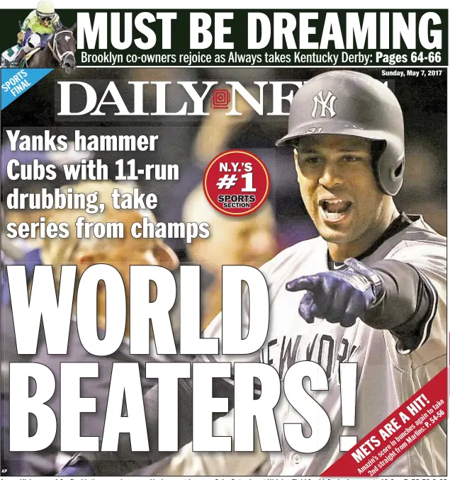  ?? AP ?? Aaron Hicks goes 4-for-5 with three-run homer as Yankees get jump on Cubs Saturday at Wrigley Field for 11-6 win, improve to 19-9.