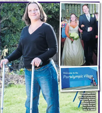  ??  ?? FIGHTING FIT: Paralympia­n and 7/7 survivor Martine Wright and, inset, walking down the aisle on her wedding day in 2008