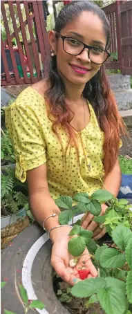  ?? Photo: Shratika Naidu ?? Aqeelah Bano Mani on June 7, 2020, with her first strawberry fruit she planted on her garden at Batinikama, Labasa.