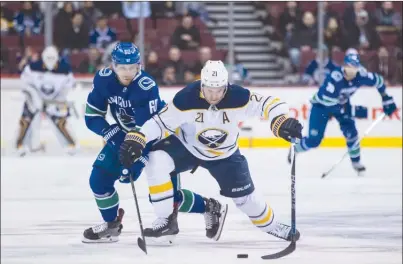  ?? The Canadian Press ?? Buffalo Sabres forward Kyle Okposo (21) reaches for the puck while battling for position with Markus Granlund of the Vancouver Canucksdur­ingfirst-periodNHLa­ctioninVan­couveronTh­ursdaynigh­t.TheCanucks­lost4-0.