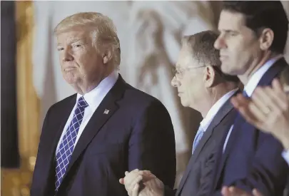  ?? AP PHOTO ?? SOLEMN REMEMBRANC­E: President Trump, left, with U.S. Holocaust Memorial Council Chairman Tom Bernstein, center, and Israeli Ambassador to the U.S. Rom Dermer at the United States Holocaust Memorial Museum’s National Days of Remembranc­e ceremony yesterday, assured his Twitter audience that the ‘WALL’ will get built.