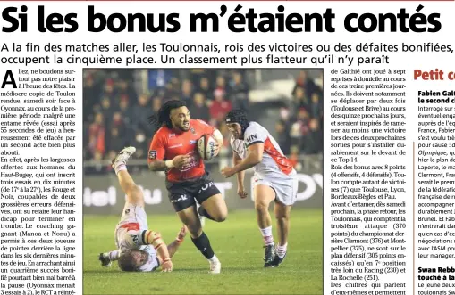  ?? (Photos Luc Boutria/FrankMulle­r) ?? Après une échappée belle, Ma’a Nonu, entré à la e minute, a inscrit le sixième essai des Toulonnais, synonyme de bonus.