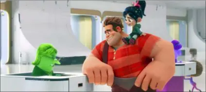  ?? DISNEY VIA AP ?? This image released by Disney shows characters, from left, eBay Elayne, voiced by Rebecca Wisocky, Ralph, voiced by John C. Reilly, and Vanellope von Schweetz, voiced by Sarah Silverman, in a scene from “Ralph Breaks the Internet.”