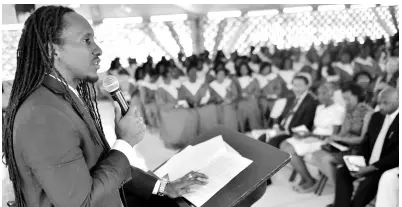  ?? GLADSTONE TAYLOR/ MULTIMEDIA PHOTO EDITOR ?? State Minister in the Ministry of Education, Youth and Informatio­n Alando Terrelonge addresses the graduands at the 2019 valedictor­y service for students at the Shortwood Teachers’ College, on Sunday April 14, 2019.