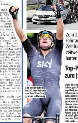  ??  ?? Elia Viviani jubelt im Ziel. Der Italiener aus dem Team Sky gewann in Hamburg.