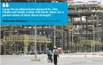  ?? Reuters ?? Aramco employees at the Natural Gas Liquids facility in the Shaybah oilfield, Saudi Arabia. Lower oil prices and the global Covid-19 pandemic have put pressure on GCC economies.