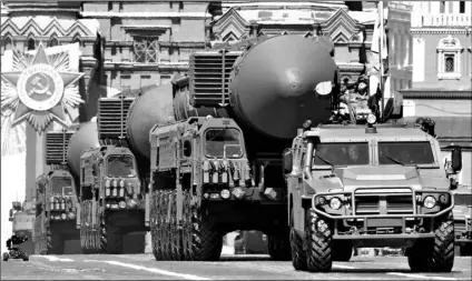  ?? AP Photo/Alexander Zemlianich­enko ?? In this file photo taken on June 24, 2020, Russian RS-24 Yars ballistic missiles roll in Red Square during the Victory Day military parade marking the 75th anniversar­y of the Nazi defeat in Moscow, Russia.