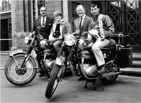  ??  ?? Right: American Joe Ward (right) and his partner about to leave Small Heath for a round-the-world trip on Thunderbol­t 650s in 1967