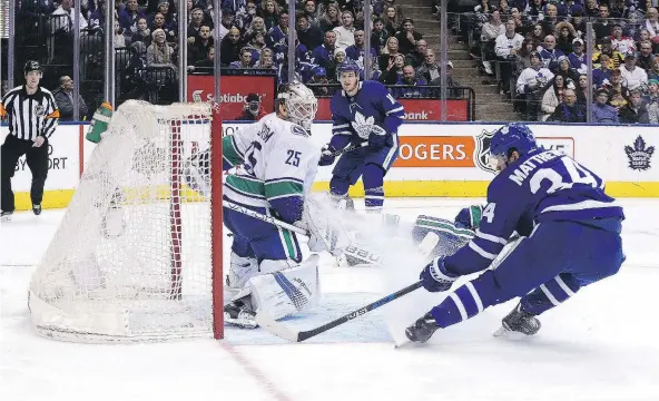  ?? DAVE ABEL ?? Toronto’s Auston Matthews scores on Canucks netminder Jacob Markstrom during Saturday’s game at the Air Canada Centre.