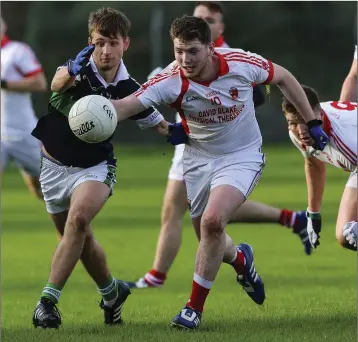  ??  ?? Bray’s Ben McCormack and Tinahely’s Alan Dillon compete for the ball.