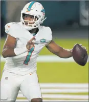  ?? LYNNE SLADKY — THE ASSOCIATED PRESS ?? Miami Dolphins rookie quarterbac­k Tua Tagovailoa, the fifth overall selection in this year’s NFL Draft will be getting his first NFL start Nov. 1against the Los Angeles Rams.