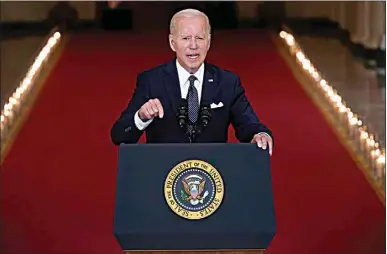  ?? PHOTOS BY EVAN VUCCI / AP ?? President Joe Biden speaks about the latest round of mass shootings, from the East Room of the White House in Washington on Thursday. Biden is attempting to increase pressure on Congress to pass stricter gun limits.