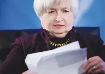  ?? Picture: Bloomberg ?? FED DOGMA. US Fed chair Janet Yellen reads from a prepared script at a Labour Hall induction ceremony. Fed watchers are experienci­ng difficulty preparing strategies to deal with expected US interest rate hikes as the central bank keeps its cards close...