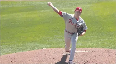  ?? JEFFREY T. BARNES — FOR THE ASSOCIATED PRESS ?? Phillies’ starting pitcher Spencer Howard did not make it out of the fourth inning in Game 1 against Toronto Thursday. However the rookie showed positive signs in a 3-2 loss to the Blue Jays in Buffalo.
