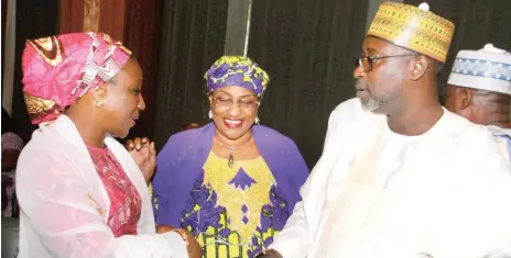  ?? Photo: Felix Onigbinde ?? From left: Minister of State for Industry, Trade and Investment Aisha Abubakar; Minister of Women Affairs Aisha Jummai Al-Hassan and the Minister Water Resources Suleiman Adamu during the Federal Executive Council meeting chaired by Acting President...