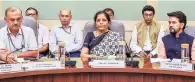  ?? PHOTO: PTI ?? Finance Minister Nirmala Sitharaman flanked by Economic Affairs Secretary Atanu Chakrabort­y ( left) and MoS Finance Anurag Thakur ( right) at a meeting in New Delhi on Friday