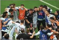  ?? (AFP) ?? Argentina’s players celebrate at the end of the Conmebol 2021 Copa America semi- against Colombia at the Mane Garrincha Stadium in Brasilia, Brazil, on Tuesday.
