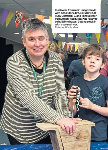  ?? Pictures: Wullie Marr. ?? Clockwise from main image: Gayle with Anna Clark, left, Ellis Davin, 9, Ruby Chatfield, 9, and Tom Bowser from Argaty Red Kites; Kits ready to be built into boxes; Getting stuck in with a screwdrive­r.