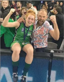  ??  ?? Former Blessingto­n footballer Molly Cullen celebrates after helping The Irish Banshees to win the 2017 AFL Internatio­nalWomen’s Cup.