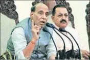  ??  ?? ■ Union home minister Rajnath Singh with PMO MoS Jitendra Singh in Jammu on Friday. NITIN KANOTRA /HT