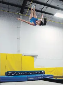  ?? IAN STEWART SPECIAL TO THE RECORD ?? Keira Gould practises on the trampoline at Cambridge Kips Gymastics Club on Sunday. Gould, 12, is making a name for herself in the world of competitiv­e trampolini­ng.