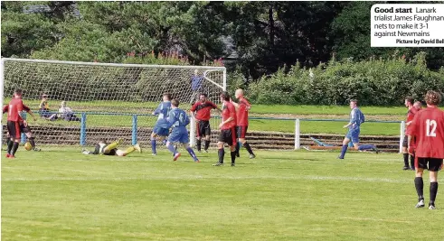  ??  ?? Good start Lanark trialist James Faughnan nets to make it 3-1 against Newmains
Picture by David Bell