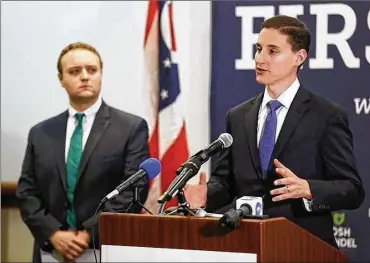  ?? JONATHAN QUILTER / DISPATCH ?? State Treasurer Josh Mandel speaks at a press conference on Monday about his pledge to support term limits for the House and Senate if he is elected to the U.S. Senate. He was joined by Nick Tomboulide­s, executive director of U.S. Term Limits, an...