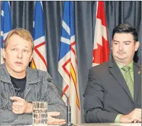  ?? JOE GIBBONS/THE TELEGRAM ?? Canopy Growth CEO Bruce Linton (left) with Minister of Tourism, Culture, Industry and Innovation Chris Mitchelmor­e at a news conference at Confederat­ion Building Friday.