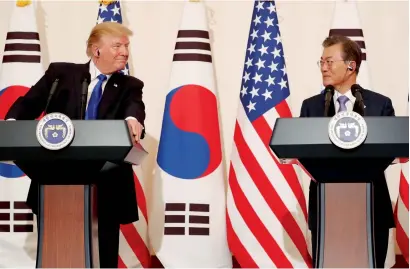  ?? Reuters ?? US President Donald Trump and South Korea’s President Moon Jae-in hold a joint news conference in Seoul, on Tuesday. —