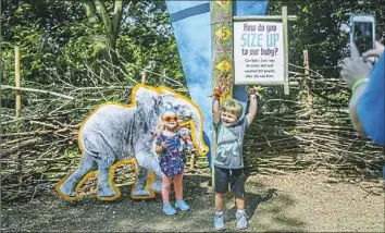  ?? Andrew Rush/Post-Gazette ?? Aria Schweitzer, 3, of Cranberry and Logan Roberts, 3, of Plum pose with a cutout of Zuri, a baby elephant born in 2008. The kids were visiting the Pittsburgh Zoo & PPG Aquarium on Wednesday in Highland Park