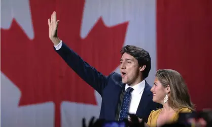  ??  ?? Trudeau celebrates on stage after his party won 157 of 338 seats in the Commons. Photograph: Ryan Remiorz/AP