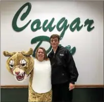  ?? SUBMITTED ?? Lake Catholic assistant athletic director Adi Taraska dressed up in the Cougars’ mascot outfit on Friday at school after Lake quarterbac­k Matt Slowey correctly predicted his team’s 31-7 score over Stow-Munroe Falls prior to the game.