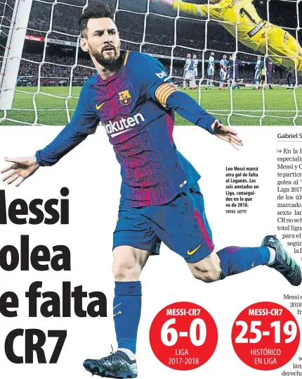  ?? FOTOS: GETTY ?? Leo Messi marcó otro gol de falta al Leganés. Los seis anotados en Liga, conseguido­s en lo que va de 2018.