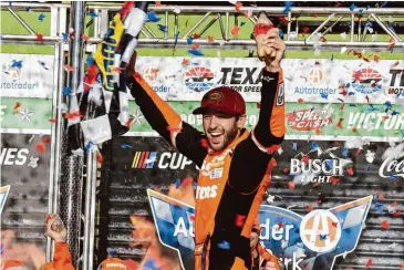  ?? Randy Holt/Associated Press ?? Chase Elliott celebrates his win in a NASCAR Cup Series auto race at Texas Motor Speedway Sunday in Fort Worth, Texas.