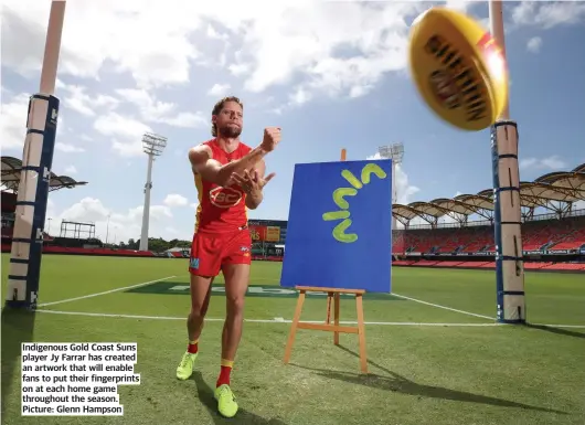  ?? ?? Indigenous Gold Coast Suns player Jy Farrar has created an artwork that will enable fans to put their fingerprin­ts on at each home game throughout the season. Picture: Glenn Hampson