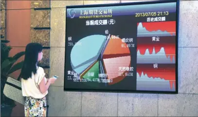  ?? ZHU LAN / XINHUA ?? An investor checks gold and silver futures data of the Shanghai Futures Exchange. Since November 2012, China’s futures markets have been sought to be opened up increasing­ly, enhancing their internatio­nal influence.