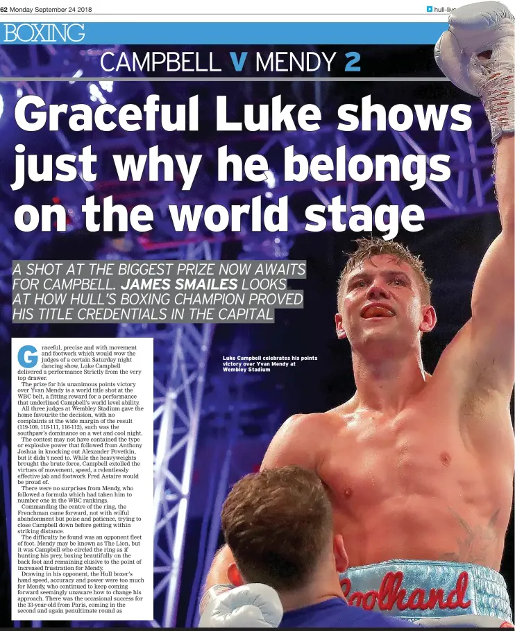  ??  ?? Luke Campbell celebrates his points victory over Yvan Mendy at Wembley Stadium