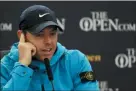  ?? MATT DUNHAM — THE ASSOCIATED PRESS ?? Northern Ireland’s Rory McIlroy answers a question from the media at a press conference ahead of the start of the British Open golf championsh­ips at Royal Portrush in Northern Ireland, Wednesday. The British Open starts Thursday.