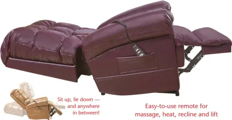  ??  ?? Sit up, lie down — and anywhere
in between!
Easy-to-use remote for massage, heat, recline and lift